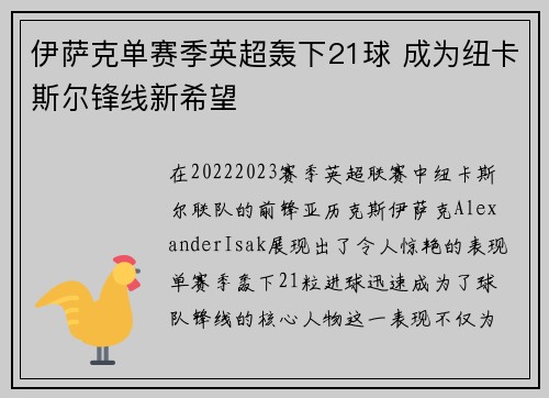 伊萨克单赛季英超轰下21球 成为纽卡斯尔锋线新希望